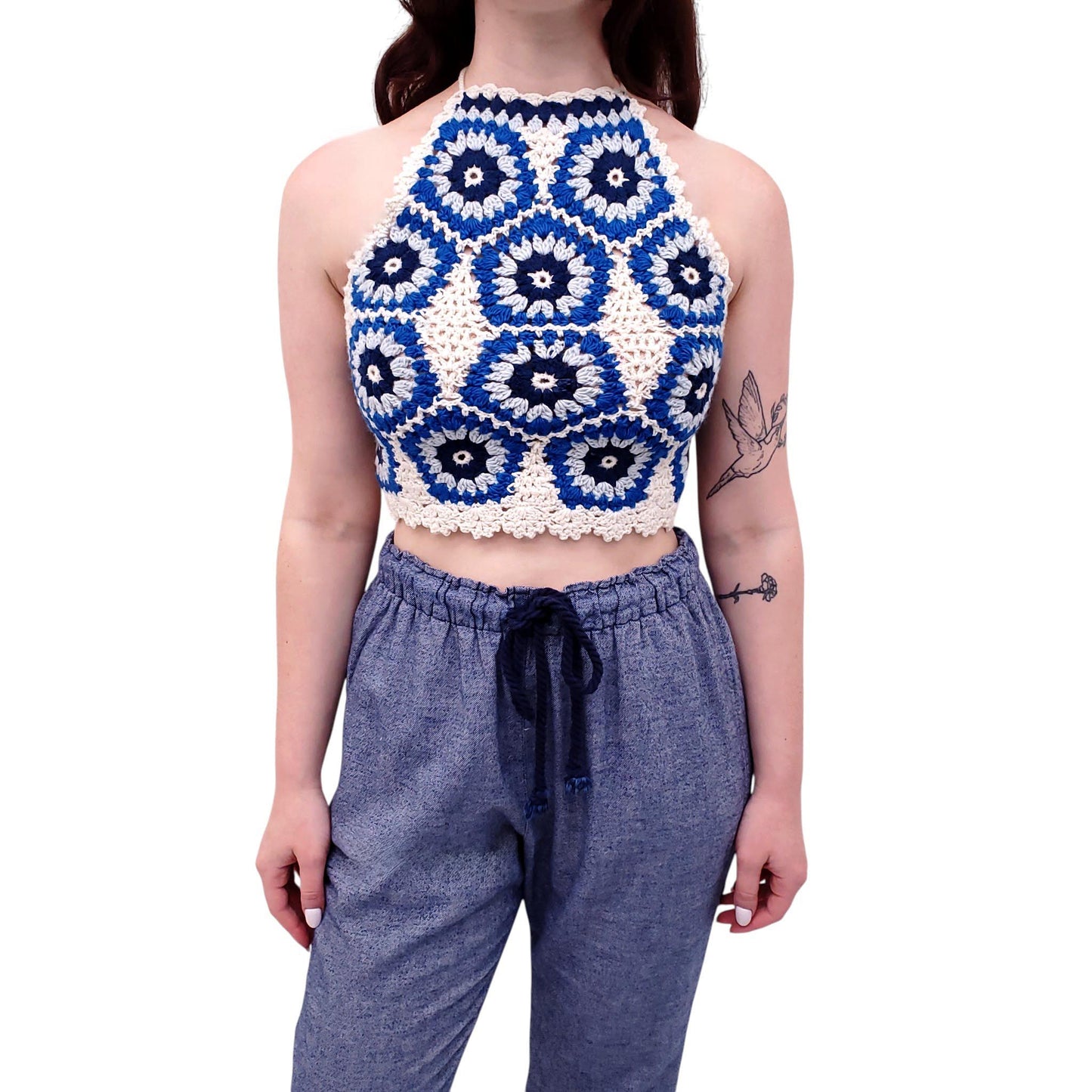 SEA NEW YORK BLUE AND WHITE CROCHET TOP - SIZE XS