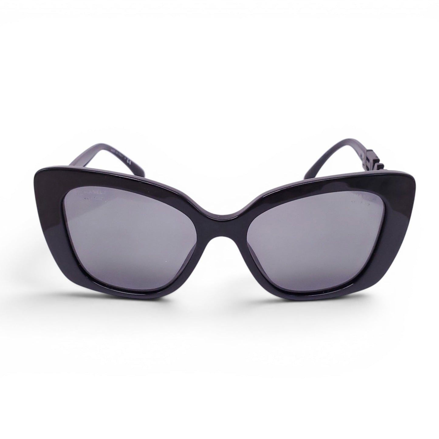 CHANEL BLACK SUNGLASSES WITH CRYSTAL LOGO DETAIL