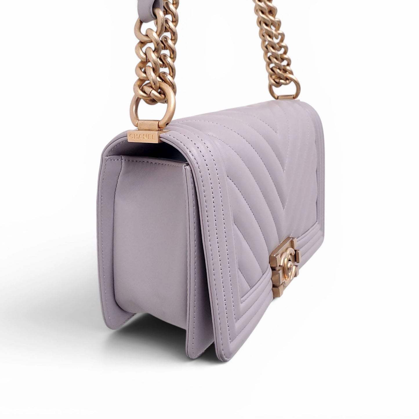 CHANEL GREY LEATHER CHEVRON BOY BAG