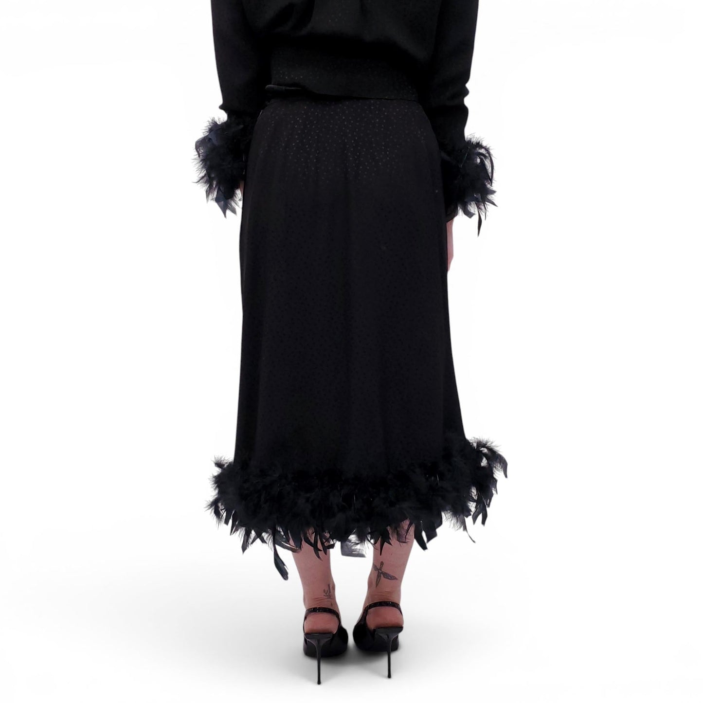 VINTAGE BLACK POLKA DOT FEATHER JACKET AND SKIRT SUIT