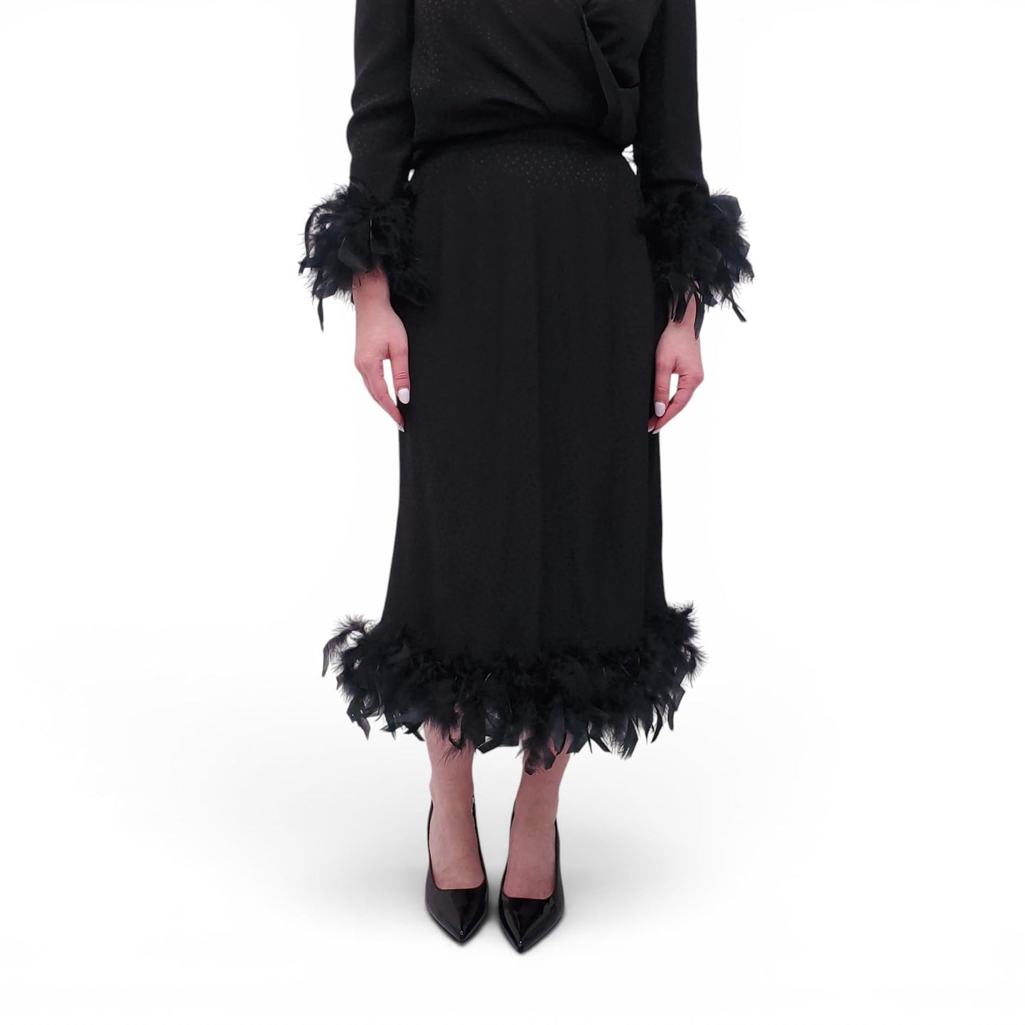 VINTAGE BLACK POLKA DOT FEATHER JACKET AND SKIRT SUIT