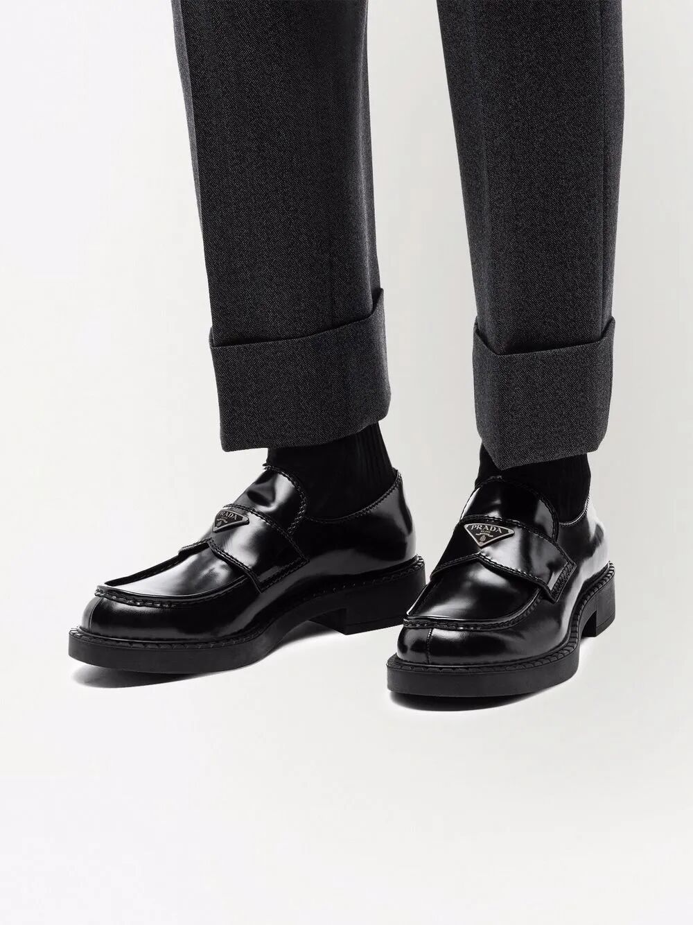 Prada Men Chocolate Brushed Leather Loafers