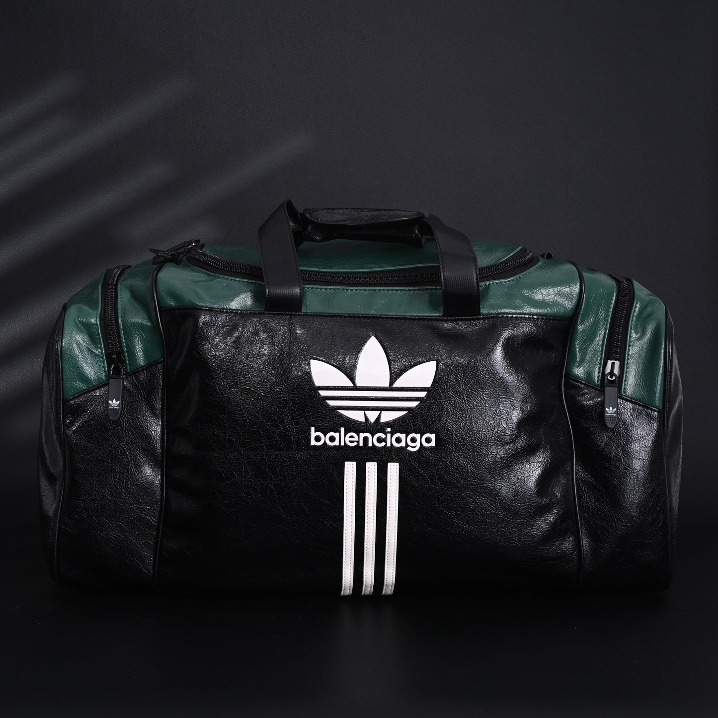 Balenciaga x adidas Large Duffel Travel Bag ¨C Black & Green with Trefoil Logo and Triple Stripes