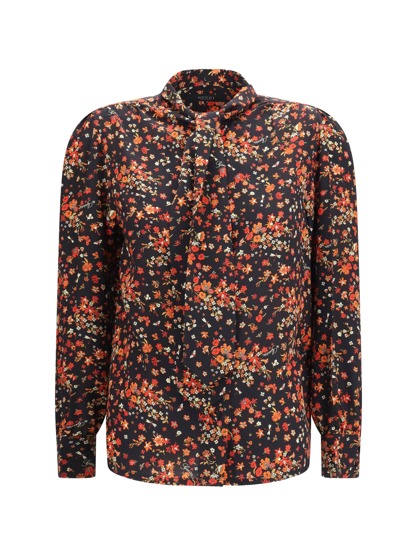Gucci Women Silk Flora Print Shirt With Neck Bow