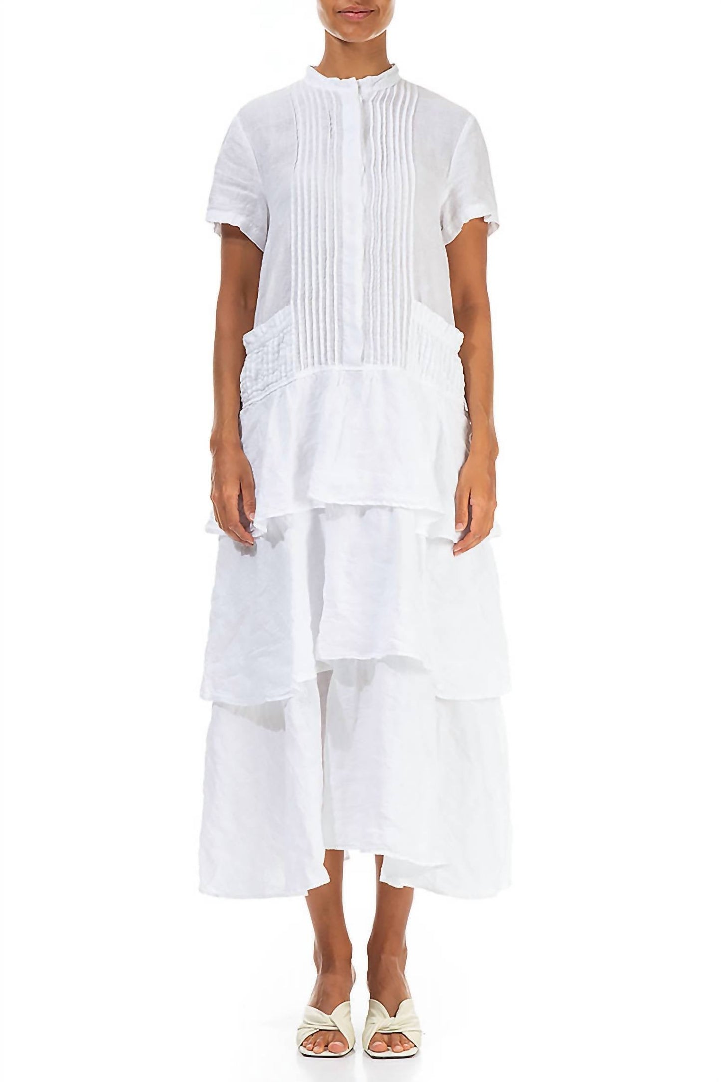 Linen Pleated Front Dress With Tiered Skirt In White