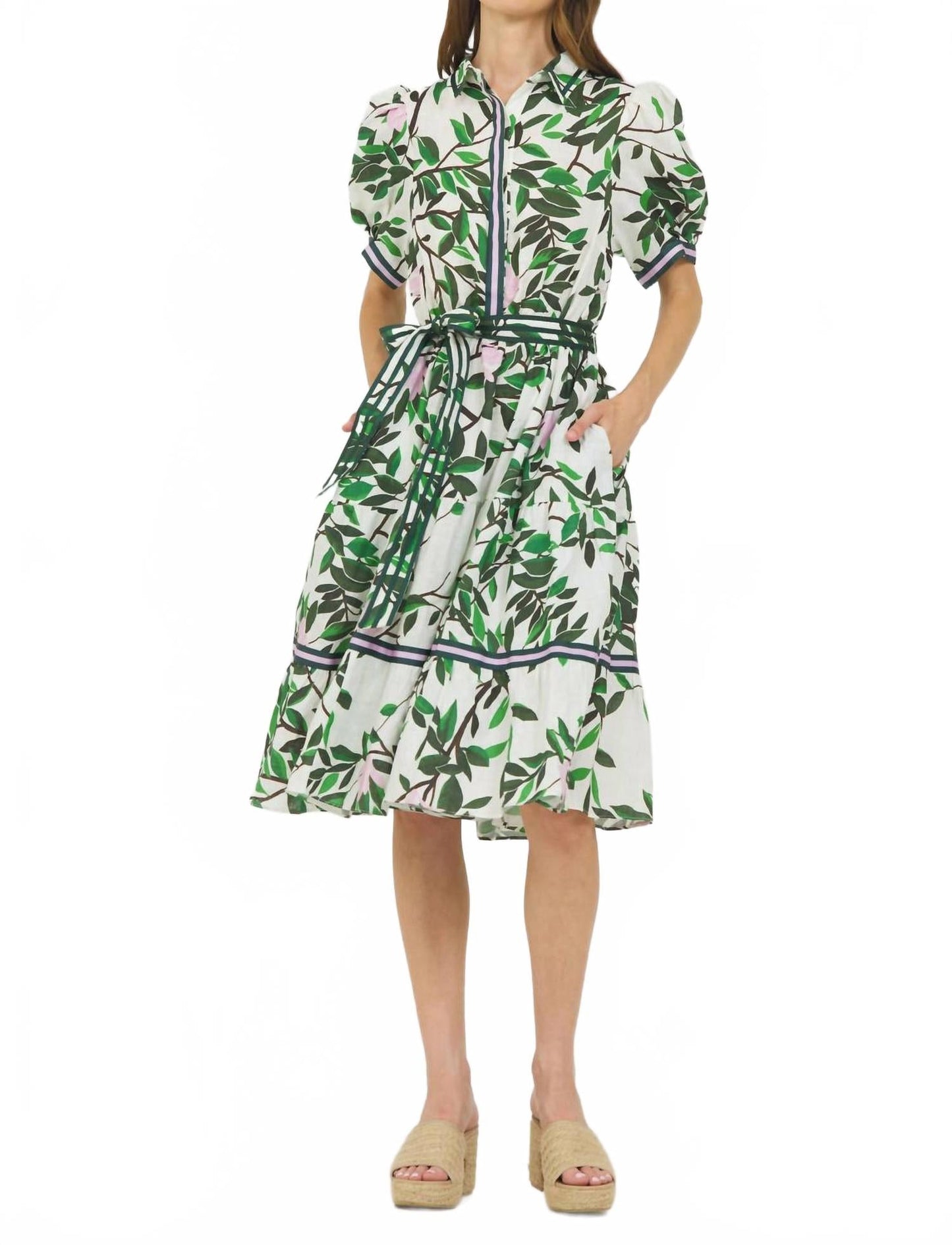 Magnolia Print Short Sleeve Button Closure Belted Shirt Dress In Green