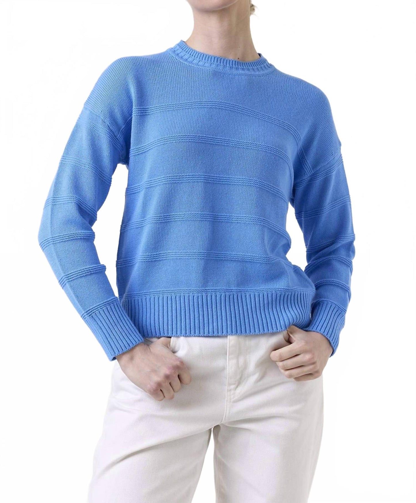 Tilly Textured Stripe Crew Top In Tranquil Blue