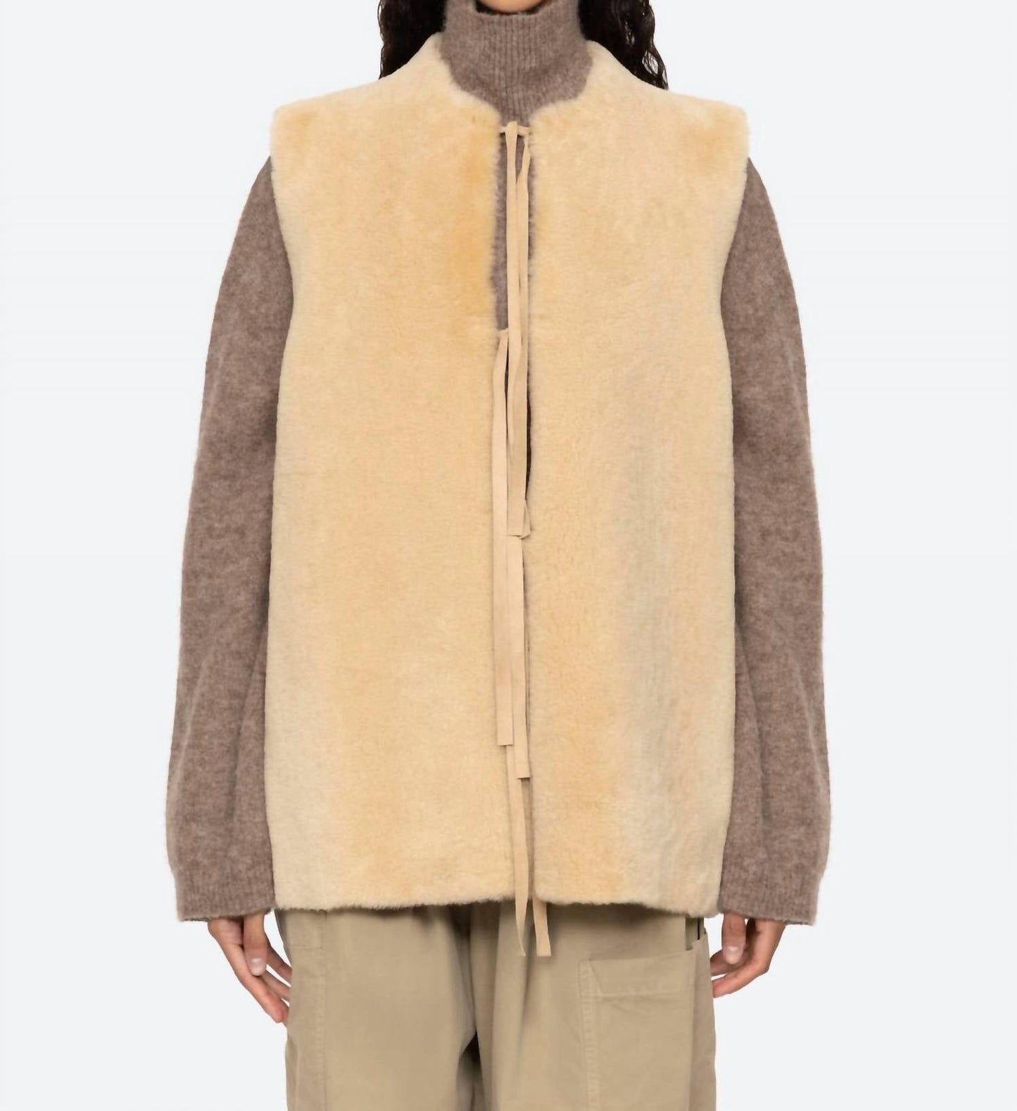 Elliot Shearling Tie-Front Vest In Beige