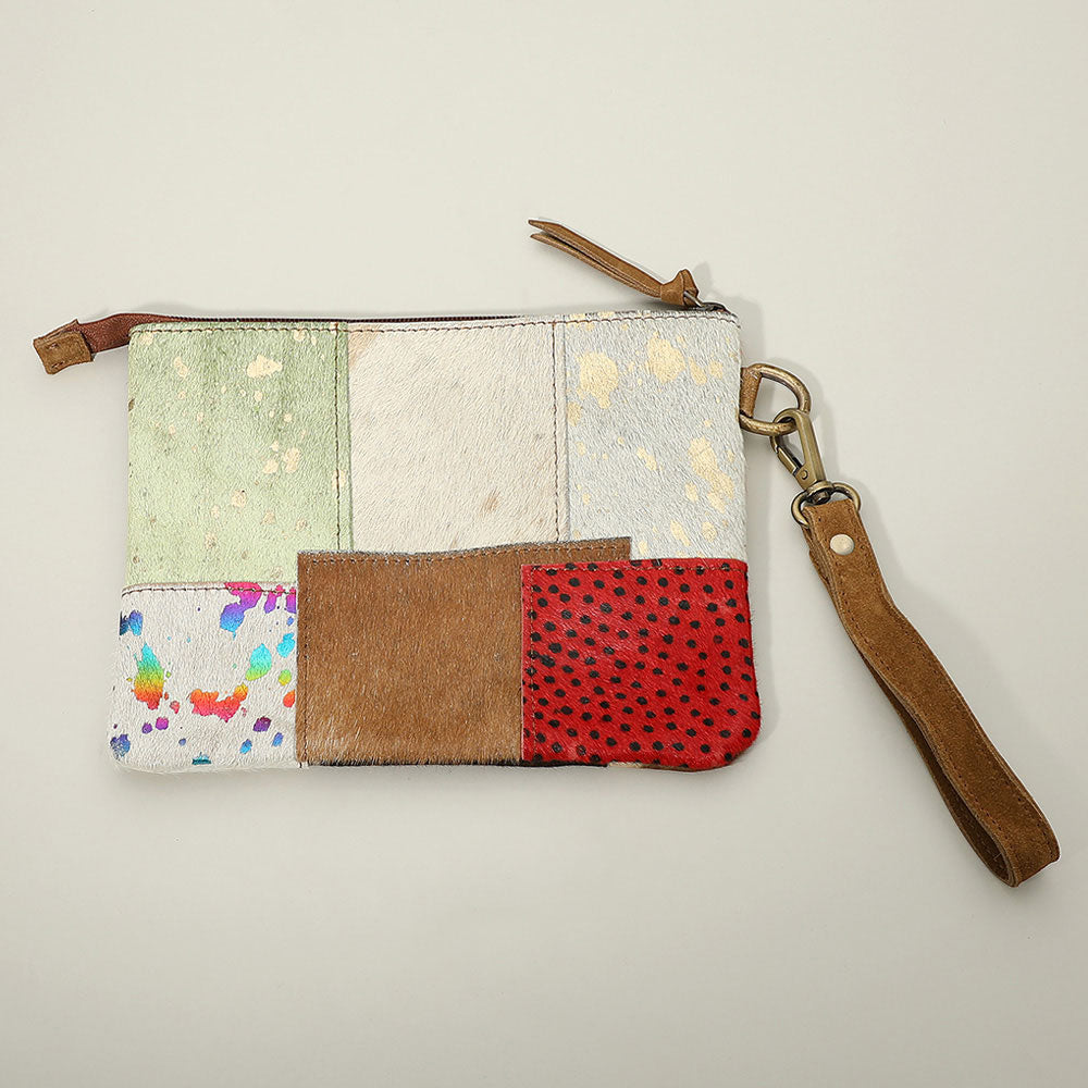 Genuine Leather Cowhide Calf Fur Patchwork Wristlet Pouch Clutch Bag