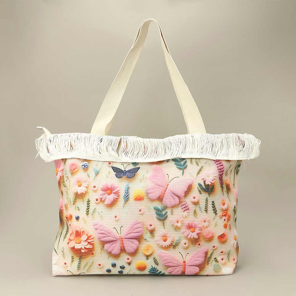 Butterfly Pattern Print Large Woven Frayed Shoulder Tote Bag