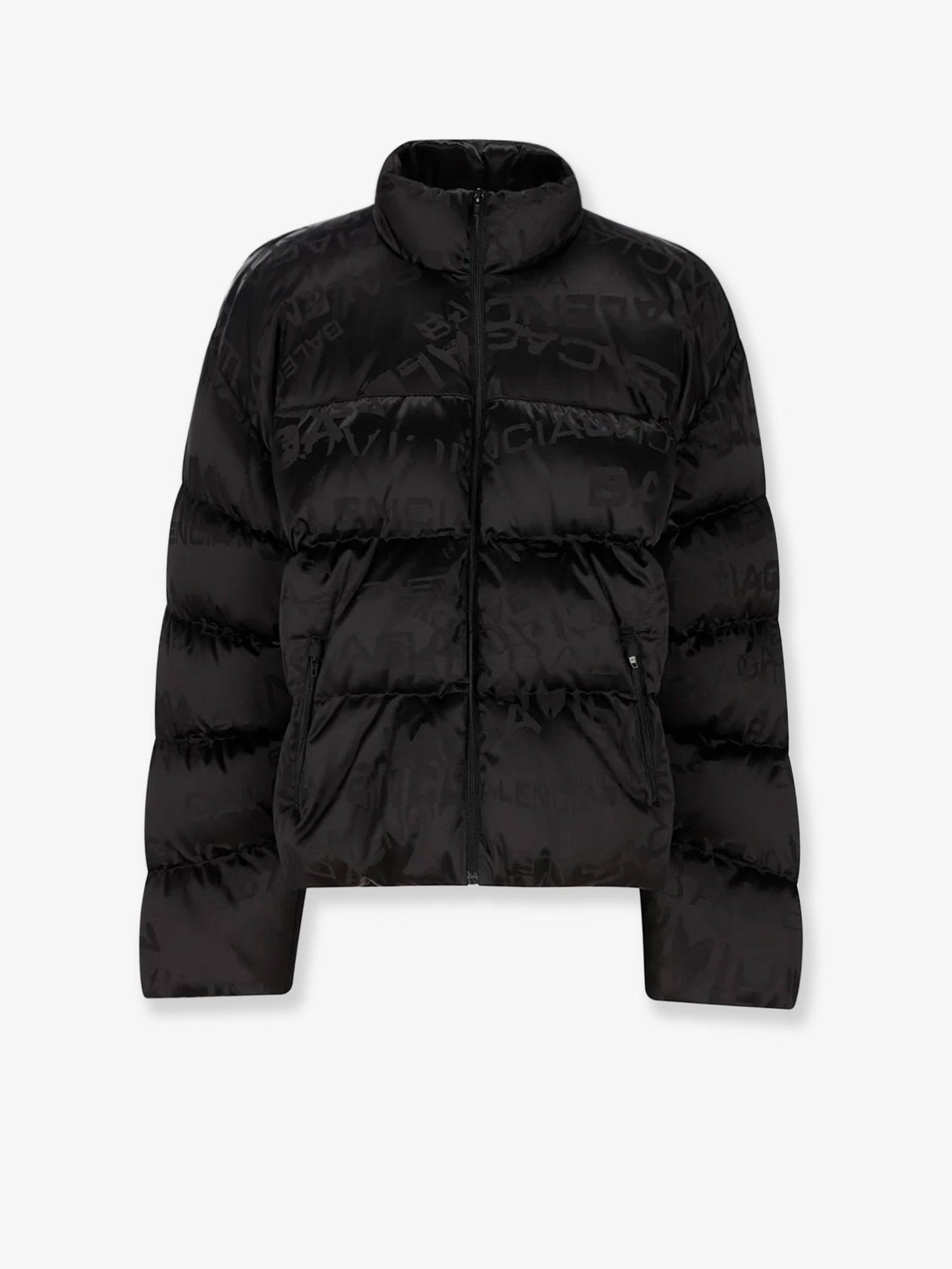 Balenciaga Men Nylon Down Jacket With All-Over Lettering Logo