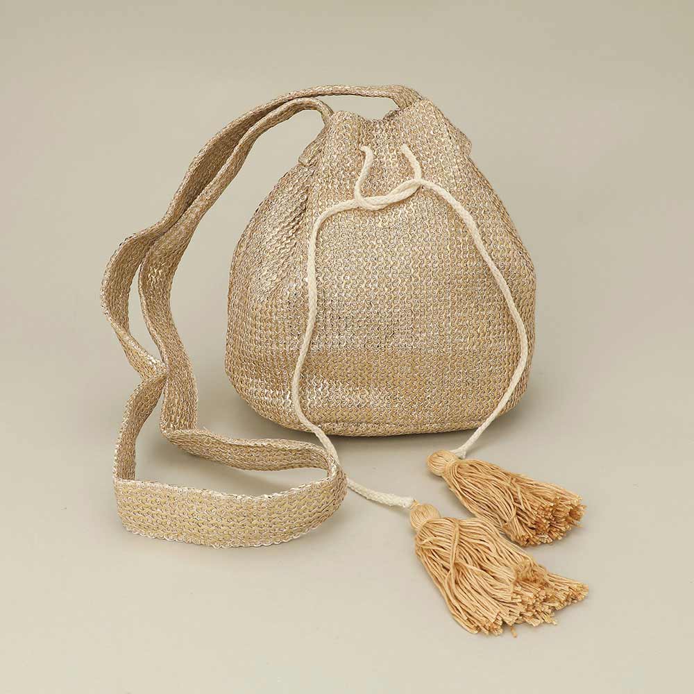 Metallic Woven Tassel Bucket Crossbody Bag