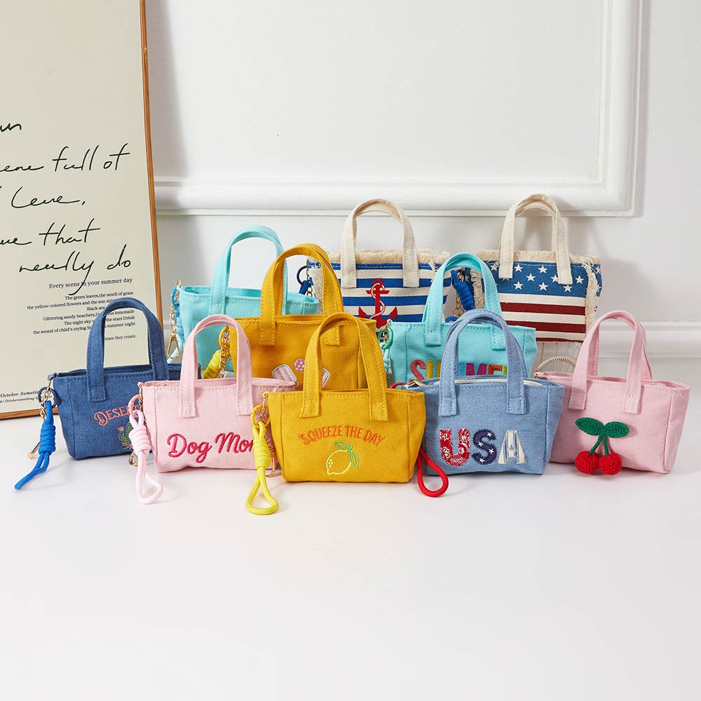 USA Letter Embroidered Mini Canvas Tote Bag Keychain Bag Charm