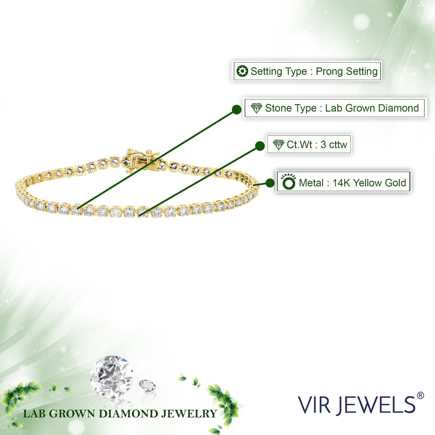 3 cttw Lab Grown Diamond Tennis Bracelet in 14K Gold For Women 6.5 Inch