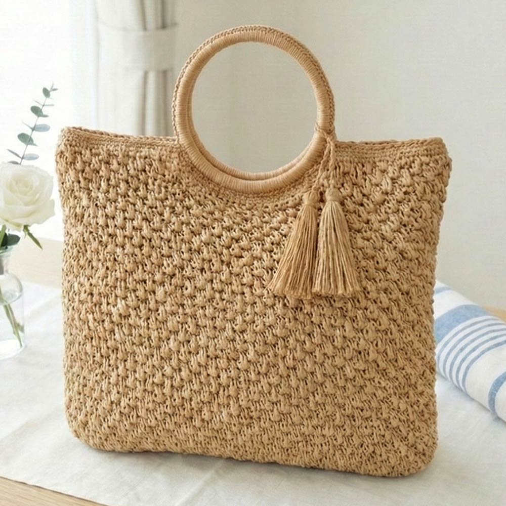 Round Handle Tassel Raffia Woven Tote Handbag