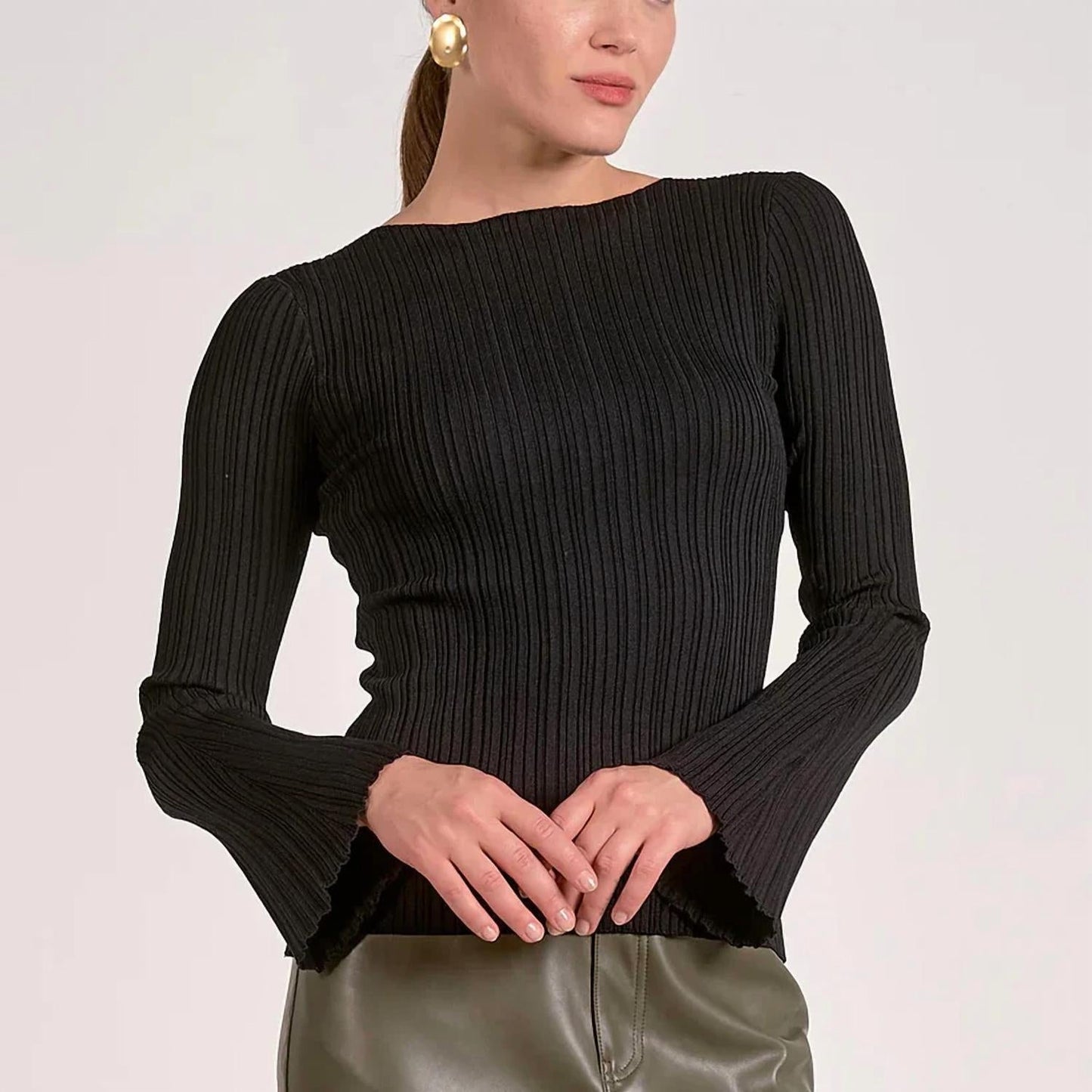 Ribbed Long Sleeve Top In Black