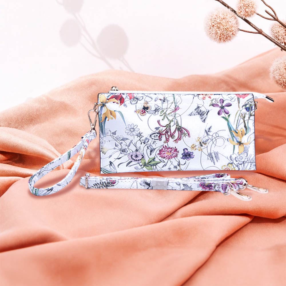 Faux Leather Floral Pattern Slim Wallet Crossbody Bag