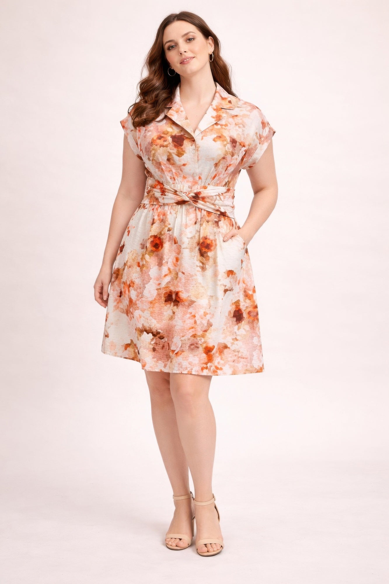 Plus Size Floral Waist Tie Shirt Dress