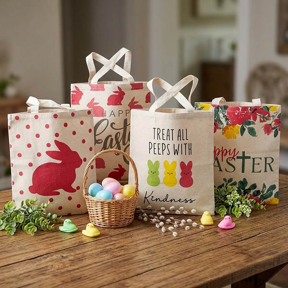 HAPPY EASTER Bunny Pattern Printed Canvas Shoulder Tote Bag