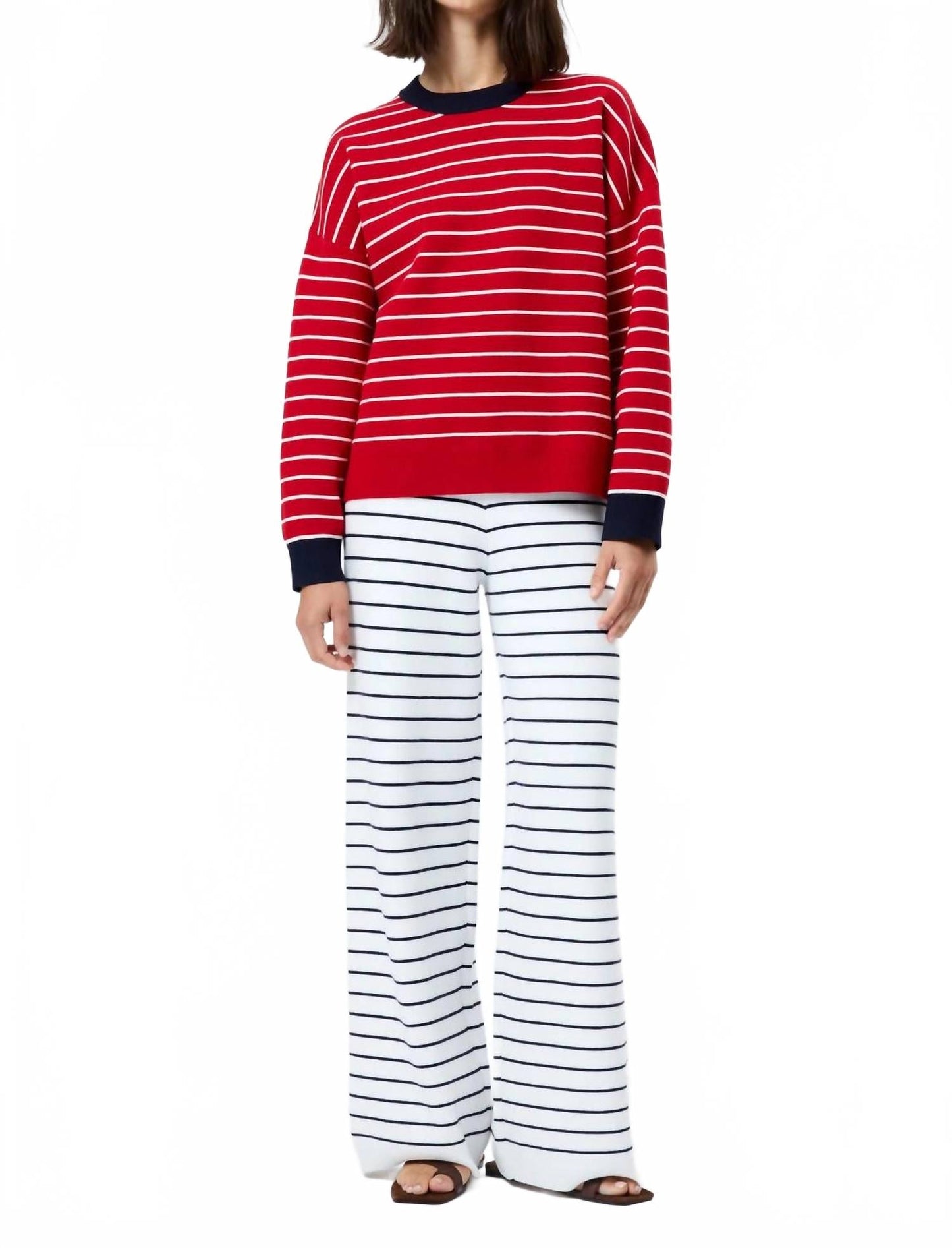 Marley Knit Striped Crew Neck Sweater In Crimson Red/ White