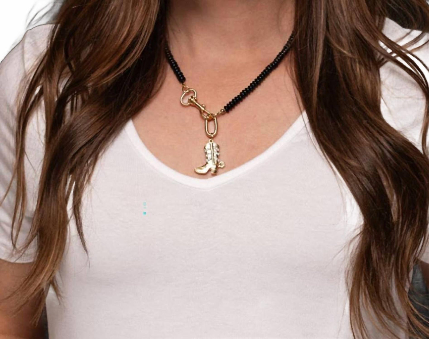 Women's Beaded Necklace Cowboy Boot Pendant In Black/gold