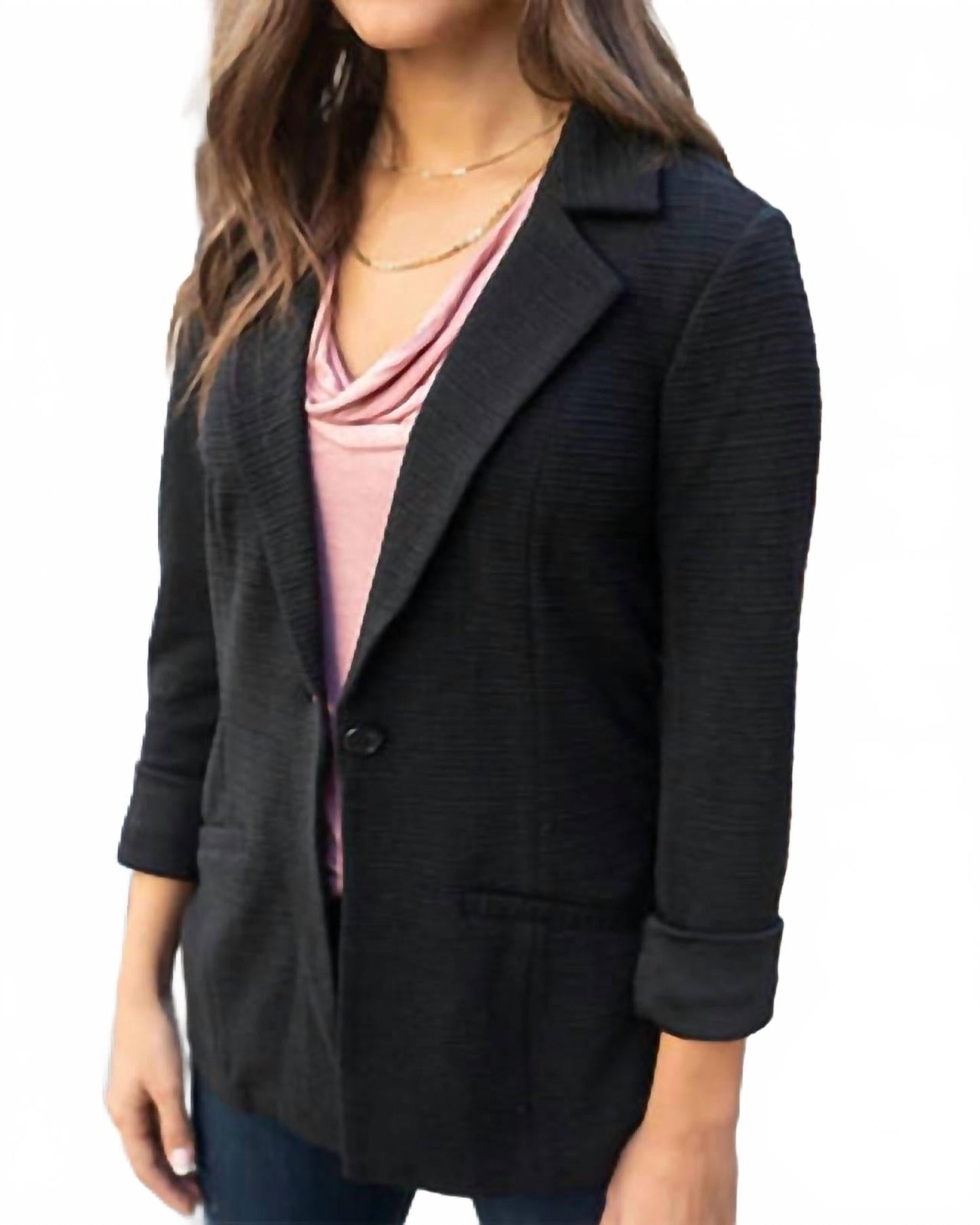 Textured Front Button Blazer In Black