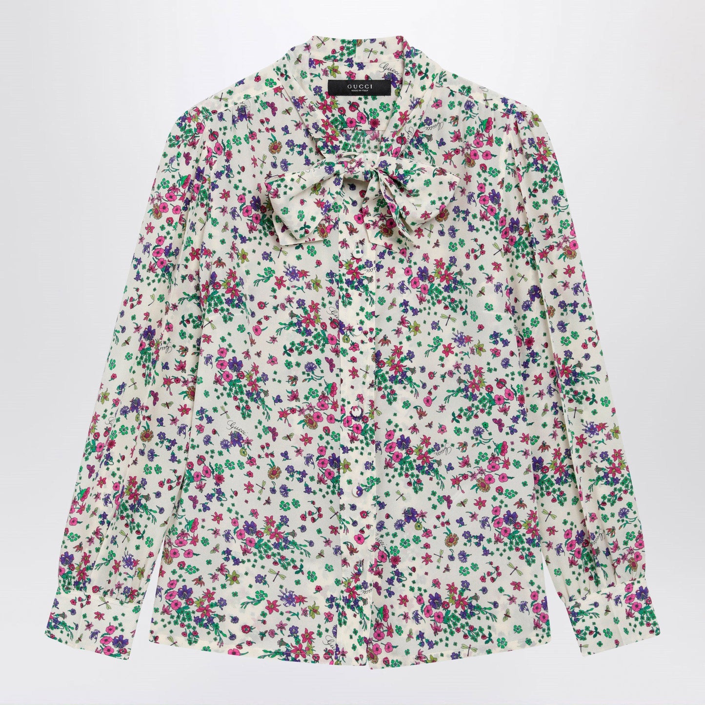 Gucci Printed Silk Shirt With Bow In Ivory/Pink Women