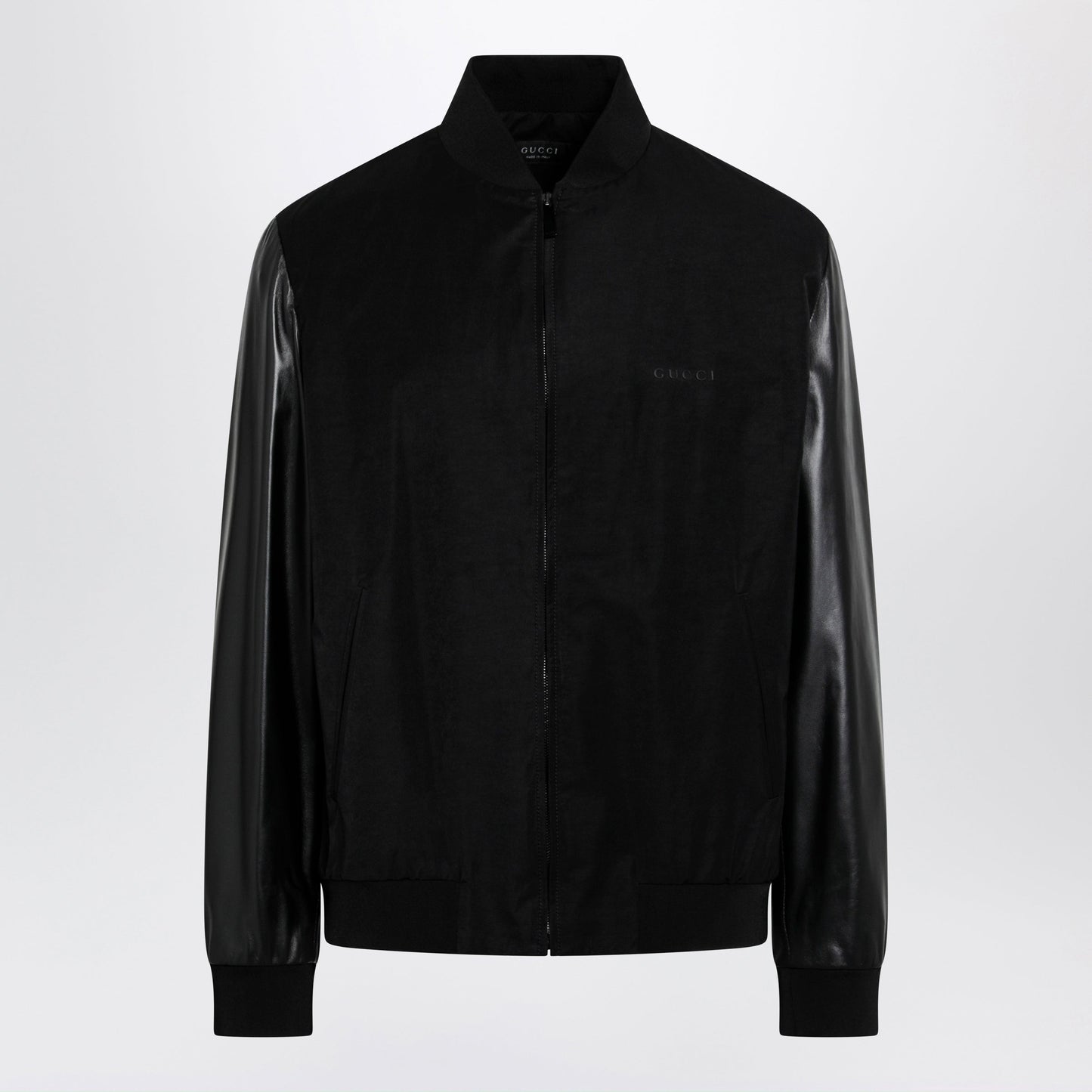 Gucci Fabric Bomber With Nappa Leather Sleeves, Black Men