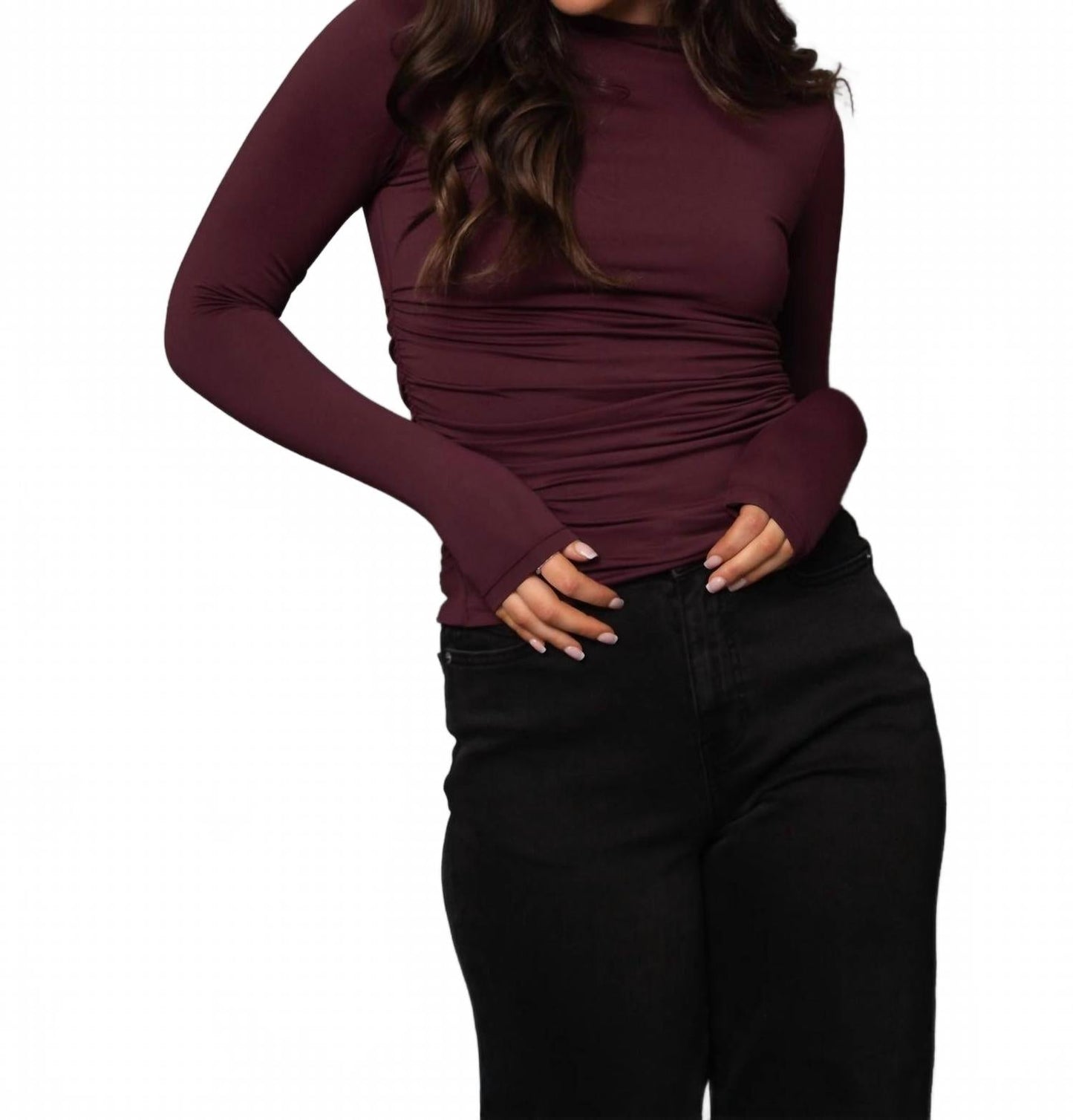 Funnel Neck Ruched Top In Prune