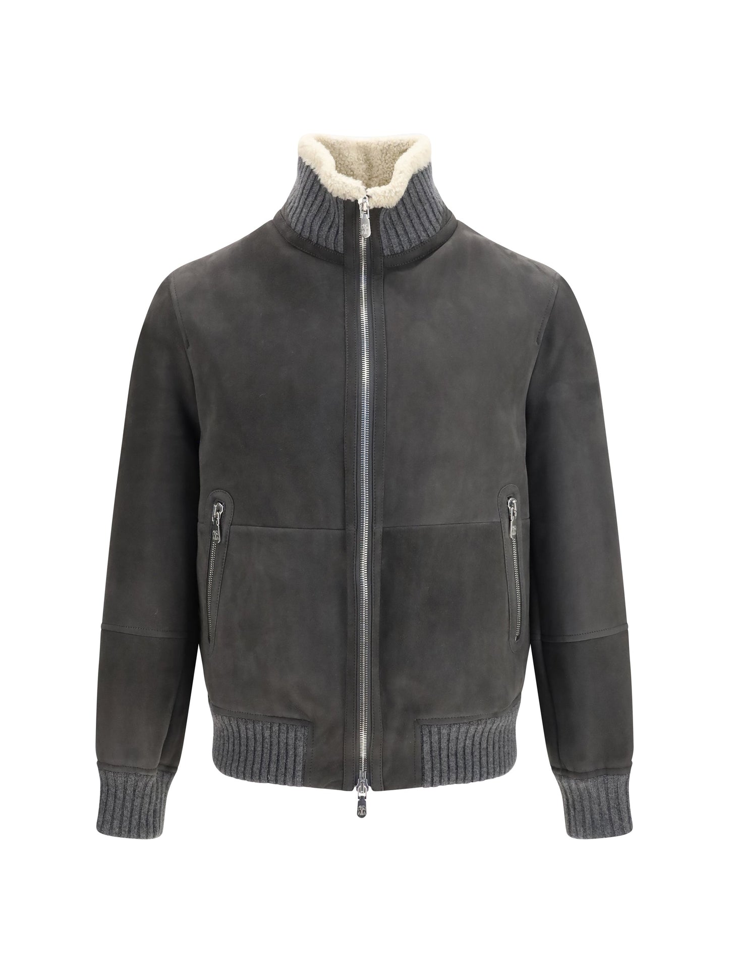 Brunello Cucinelli Men Shearling Jacket With Zip And High Neck