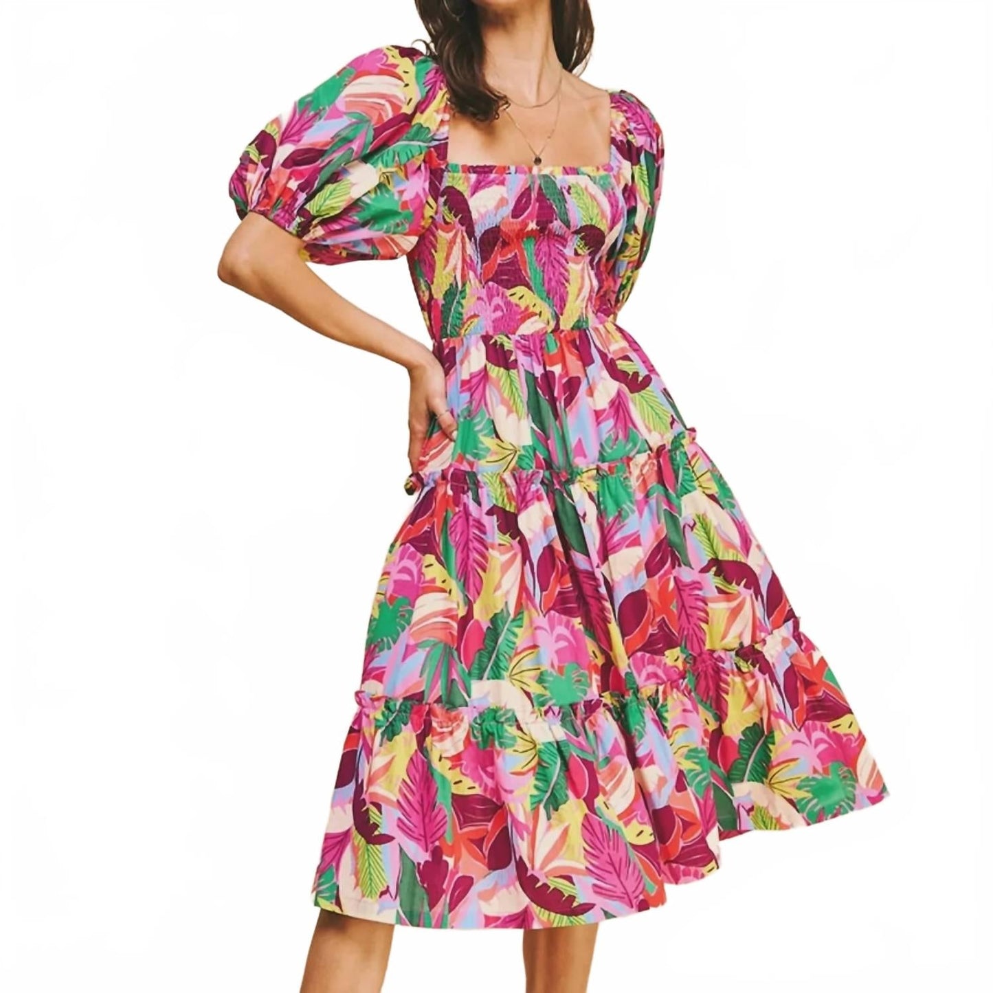 Square Neck Midi Dress In Pink Multi