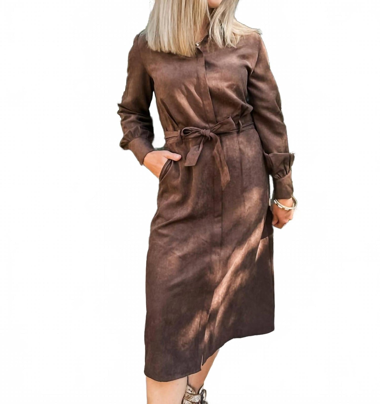 Long Sleeve Shirt Dress In Cocoa