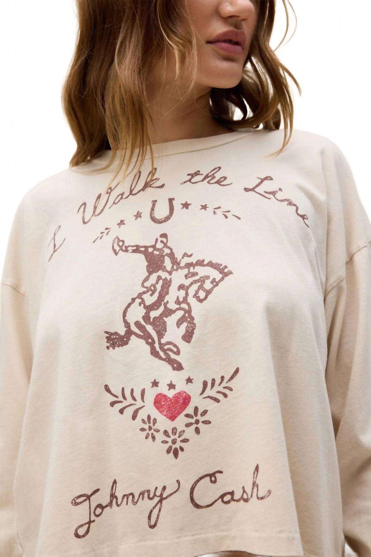 Johnny Cash Walk The Line Meet & Greet Long Sleeve Top In Dirty White