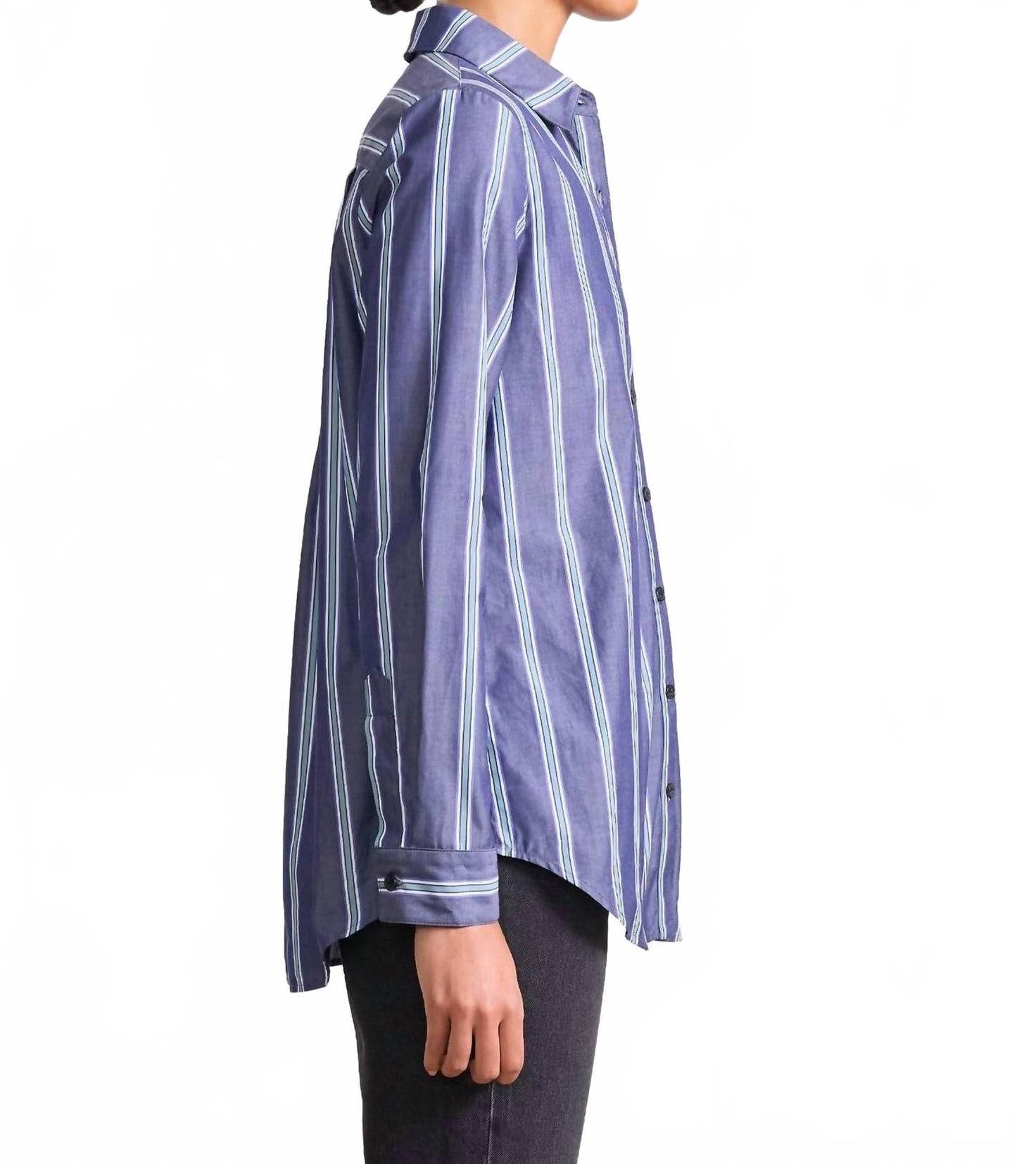 Sodi Wrap Button Up Top In Indigo Stripe