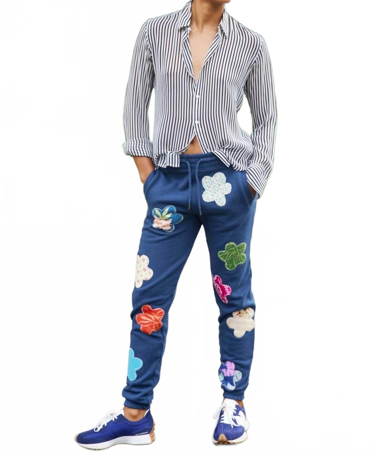Mixed Print Floral Sweatpants In Navy
