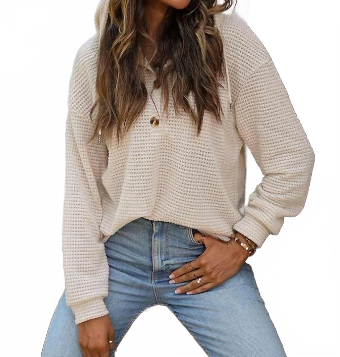 Waffle Button-Up Hoodie Pullover In Apricot