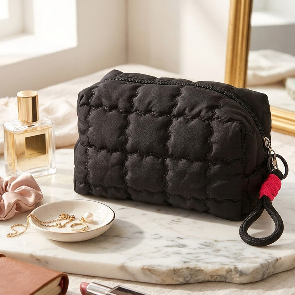 Solid Quilted Cosmetic Pouch Bag