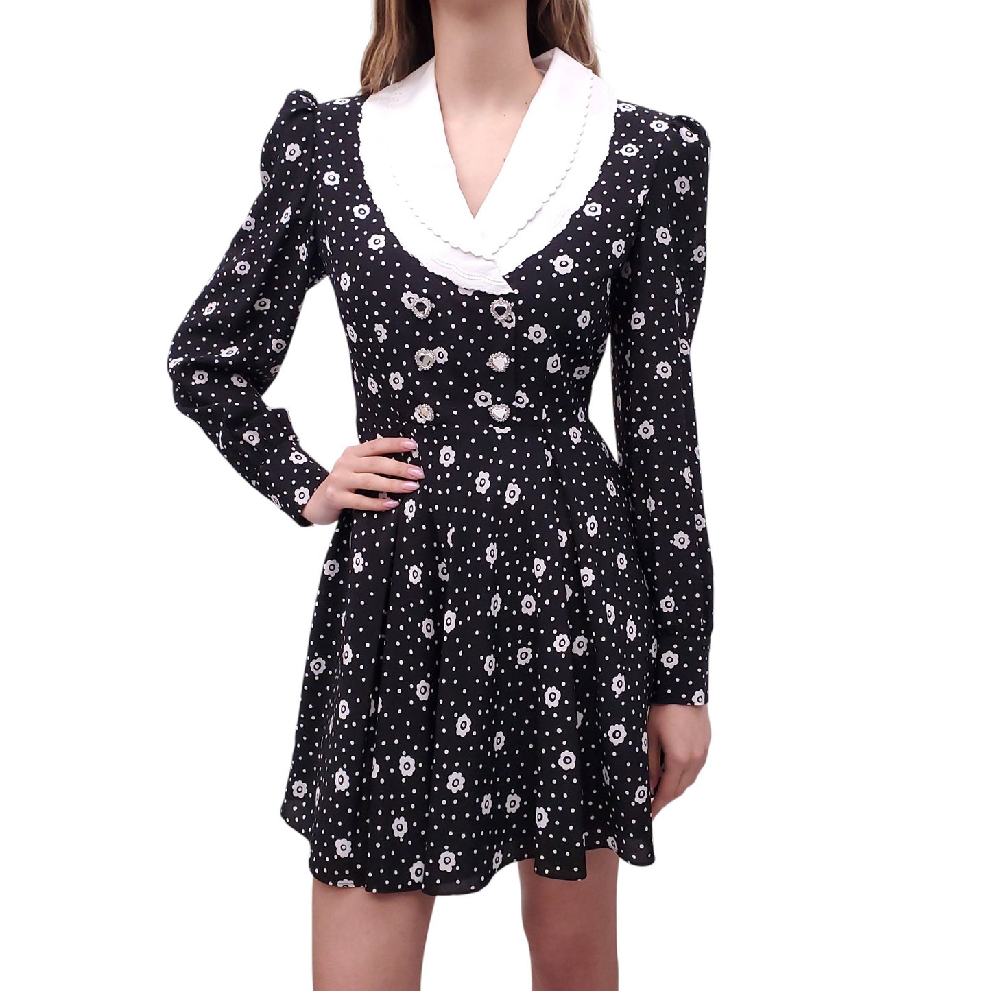 ALESSANDRA RICH BLACK AND WHITE POLKA DOT FLORAL DRESS WITH COLLAR AND HEART BUTTONS - SIZE 44