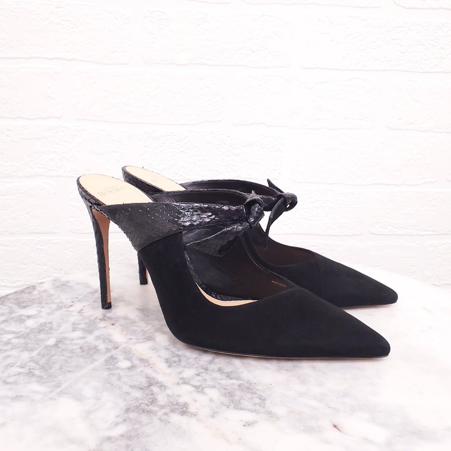 ALEXANDRA BIRMAN BLACK PYTHON MULES - SIZE 39.5