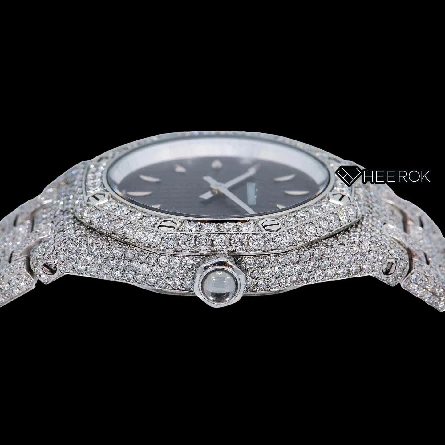 AP Royal Oak Black Dial Oval Markers Diamond Bezel Fully Iced Out Moissanite Diamond Watch For Women