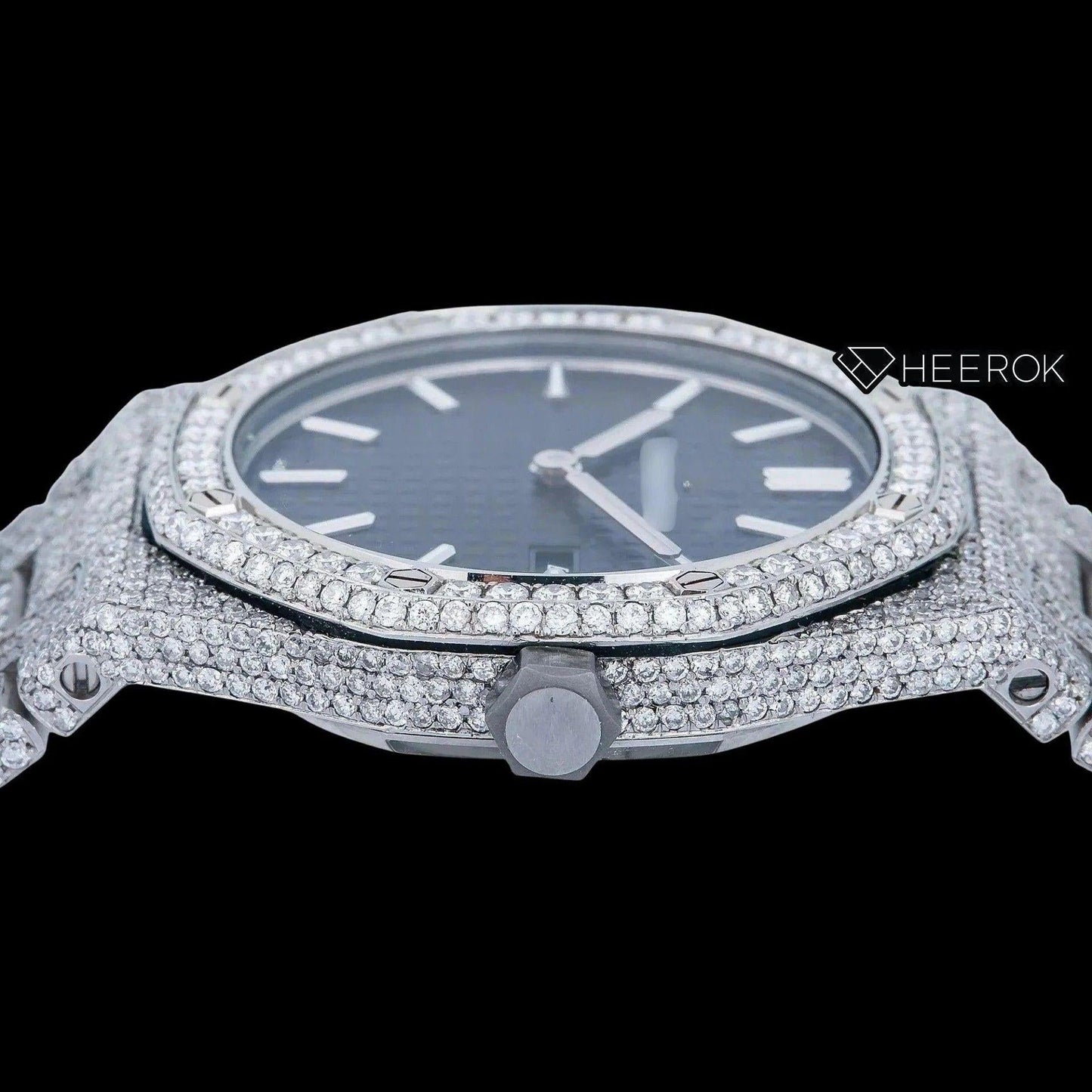 AP Royal Oak Black Dial White Stick Markers Diamond Bezel Fully Iced Moissanite Diamond Watch For Women