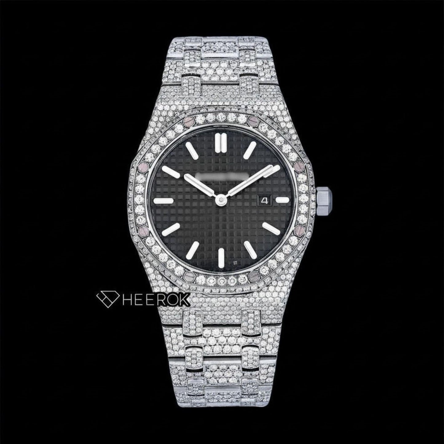 AP Royal Oak Black Dial White Stick Markers Diamond Bezel Fully Iced Moissanite Diamond Watch For Women