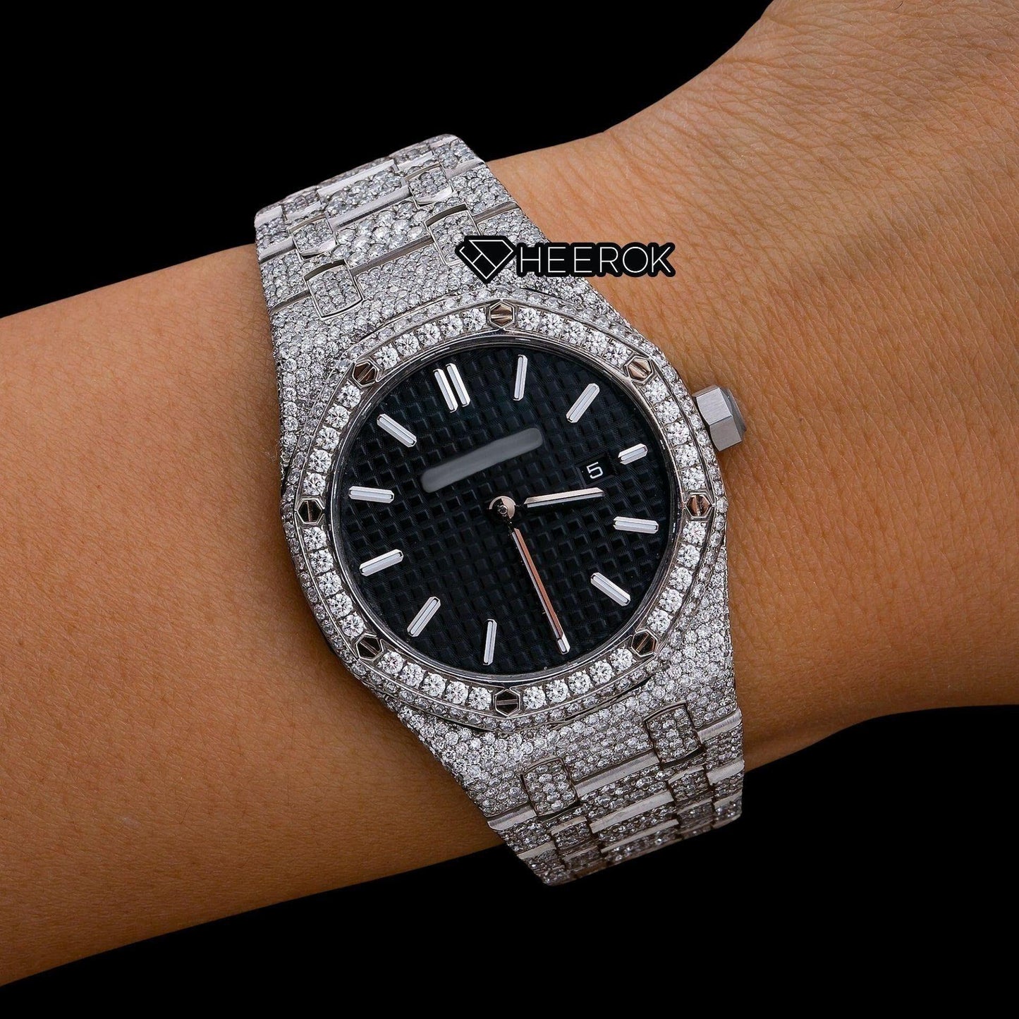 AP Royal Oak Black Dial White Stick Markers Diamond Bezel Fully Iced Moissanite Diamond Watch For Women