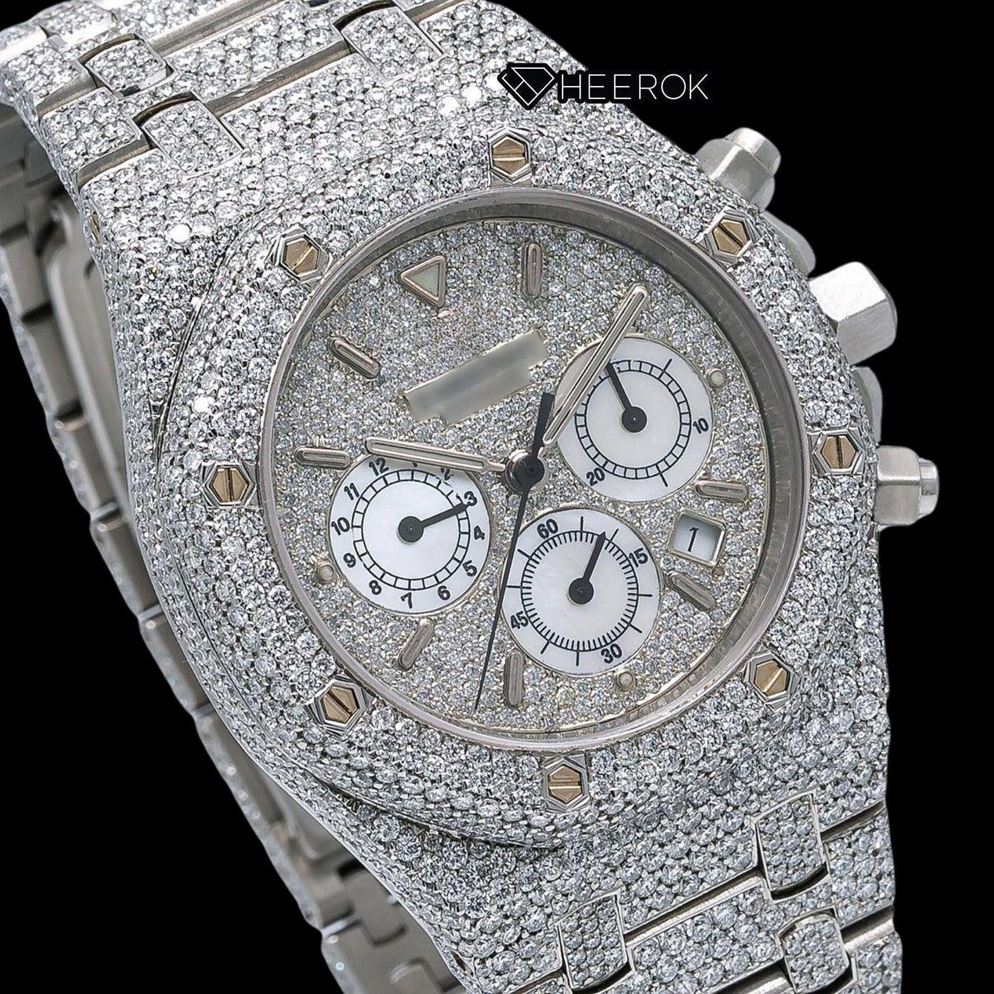 AP Royal Oak Chronograph Full Pave Diamond Dial Stick Markers Diamond Bezel Fully Iced Out Moissanite Watch