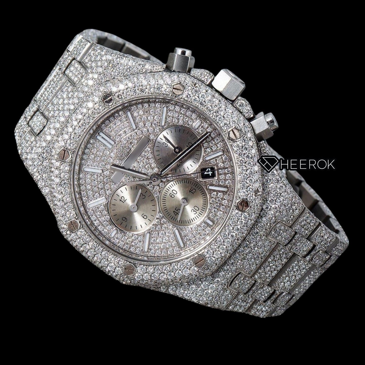 AP Royal Oak Chronograph Full Pave Diamond Dial White Stick Markers Diamond Bezel Fully Iced Out Moissanite Watch
