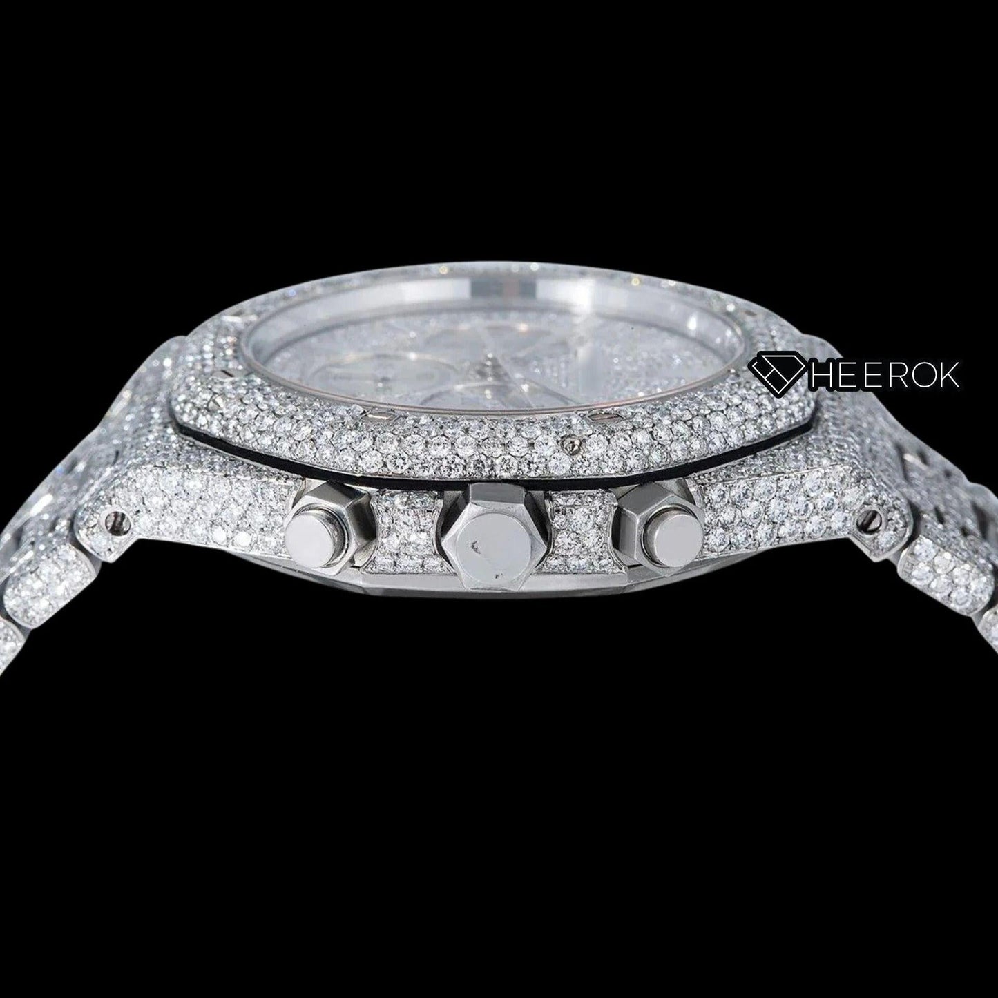 AP Royal Oak Chronograph Full Pave Diamond Dial White Stick Markers Diamond Bezel Fully Iced Out Moissanite Watch