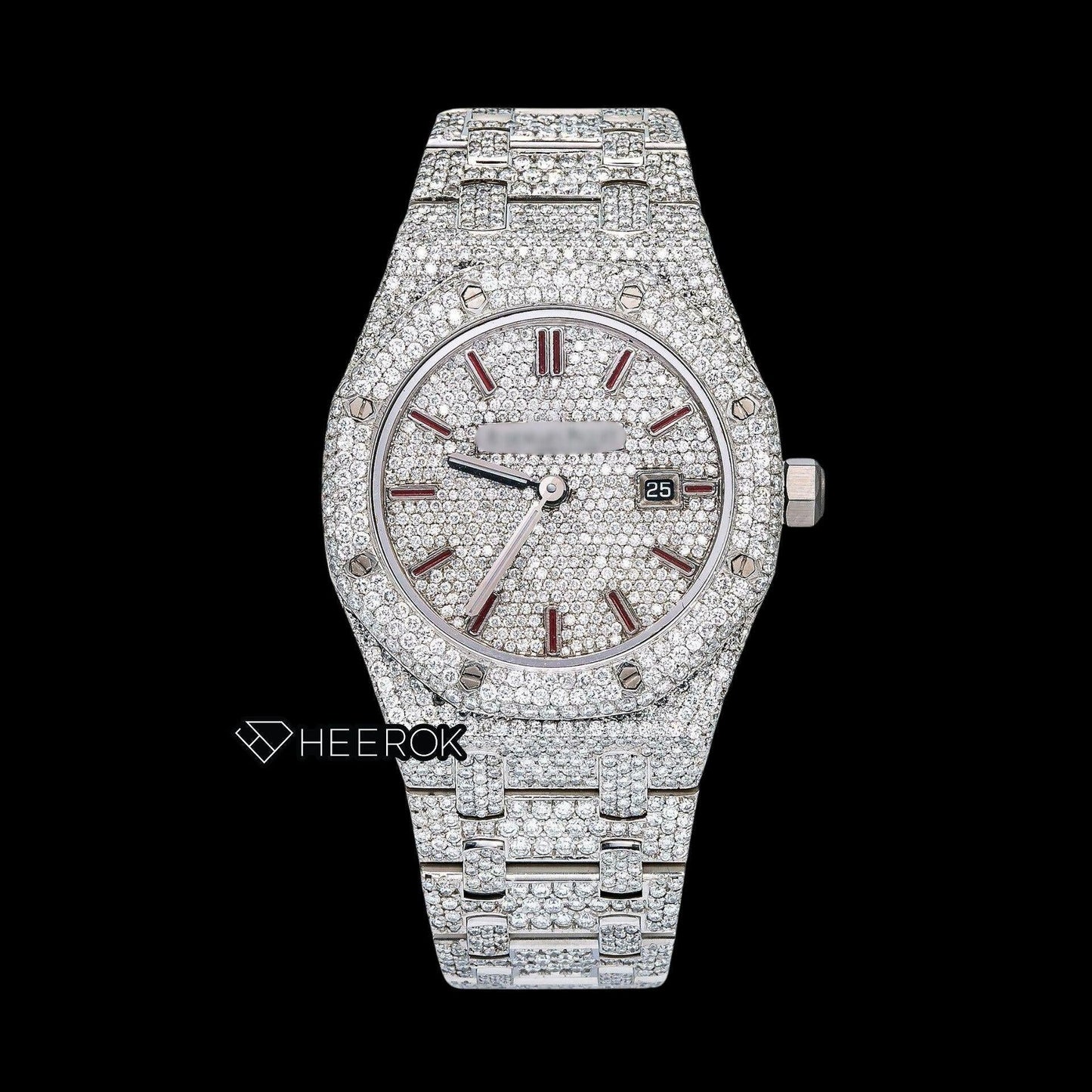 AP Royal Oak Full Pave Dial Red Stick Markers Diamond Bezel Full Iced Out Moissanite Diamond Watch For Women