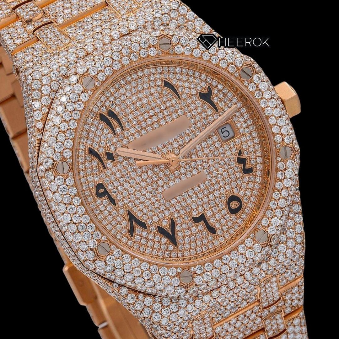 AP Royal Oak Full Pave Diamond Dial Black Arabic Numerals Diamond Bezel Fully Iced Out Rose Gold Moissanite Watch