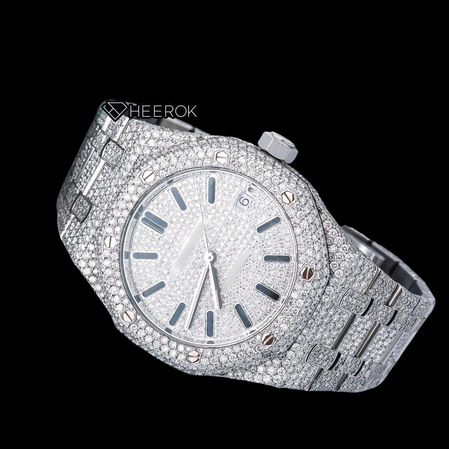 AP Royal Oak Full Pave Diamond Dial Black Stick Markers Diamond Bezel Fully Iced Out Moissanite Watch