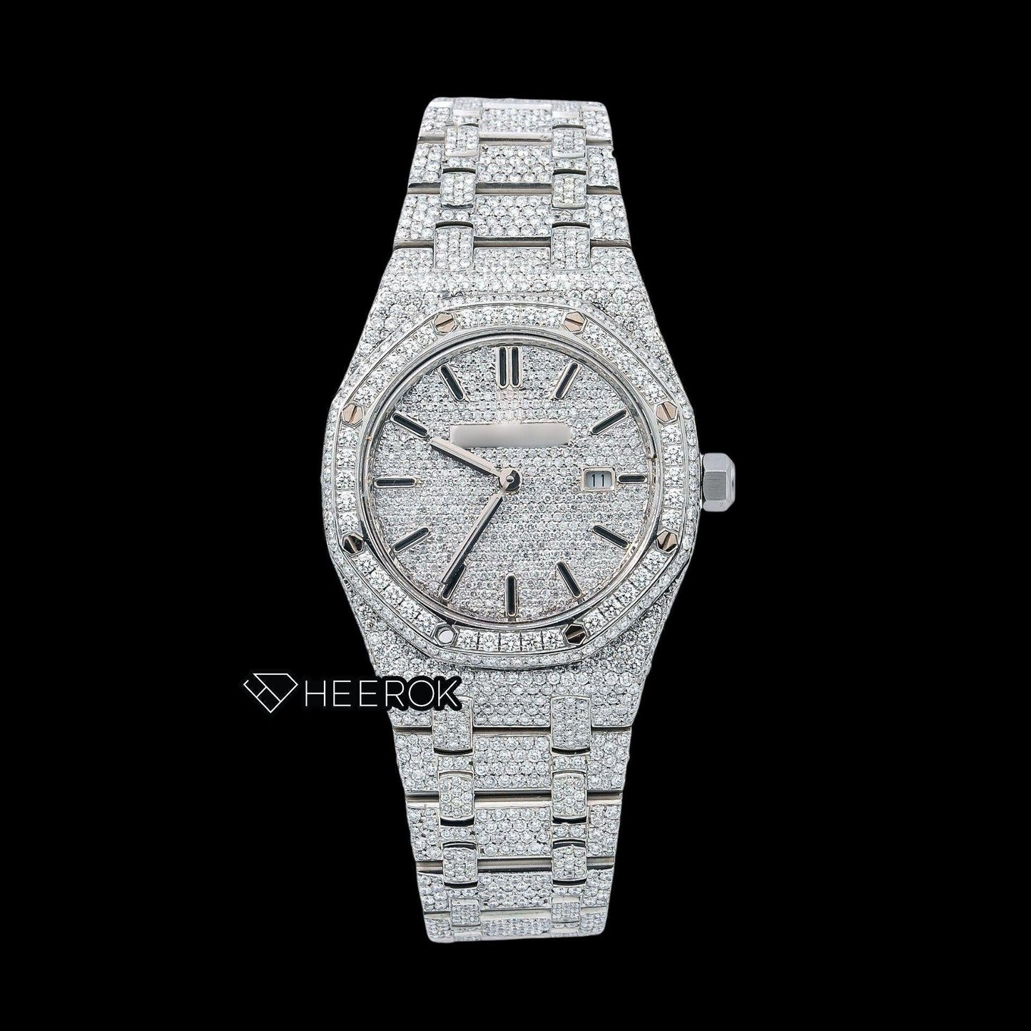AP Royal Oak Full Pave Diamond Dial Black Stick Markers Diamond Bezel Fully Iced Out Moissanite Watch For Women